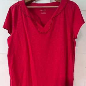 Talbots Bright Red Short-Sleeve Notch-Neck Tee, Size 1X